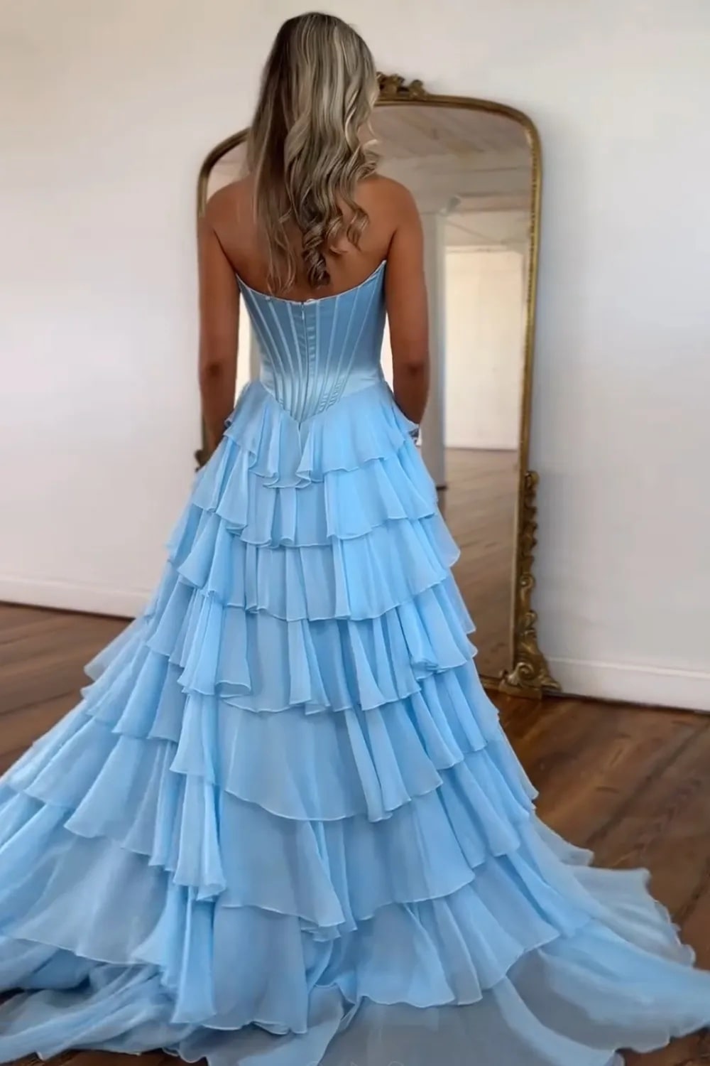 A Line Blue Sweetheart Chiffon Ruffled Long Corset Prom Dress with Slit