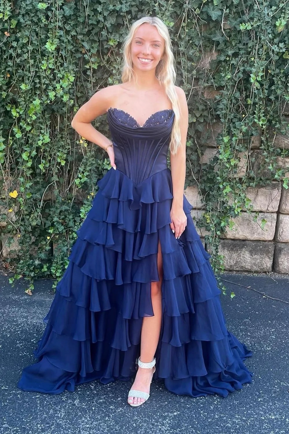 A Line Blue Sweetheart Chiffon Ruffled Long Corset Prom Dress with Slit