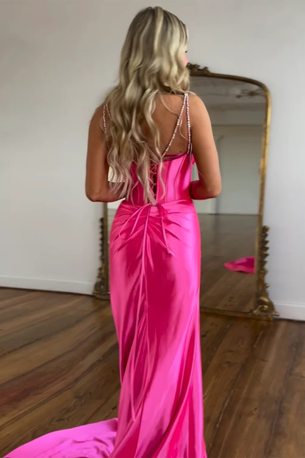 Mermaid Fuchsia Spaghetti Straps Satin Long Corset Prom Dress with Beading