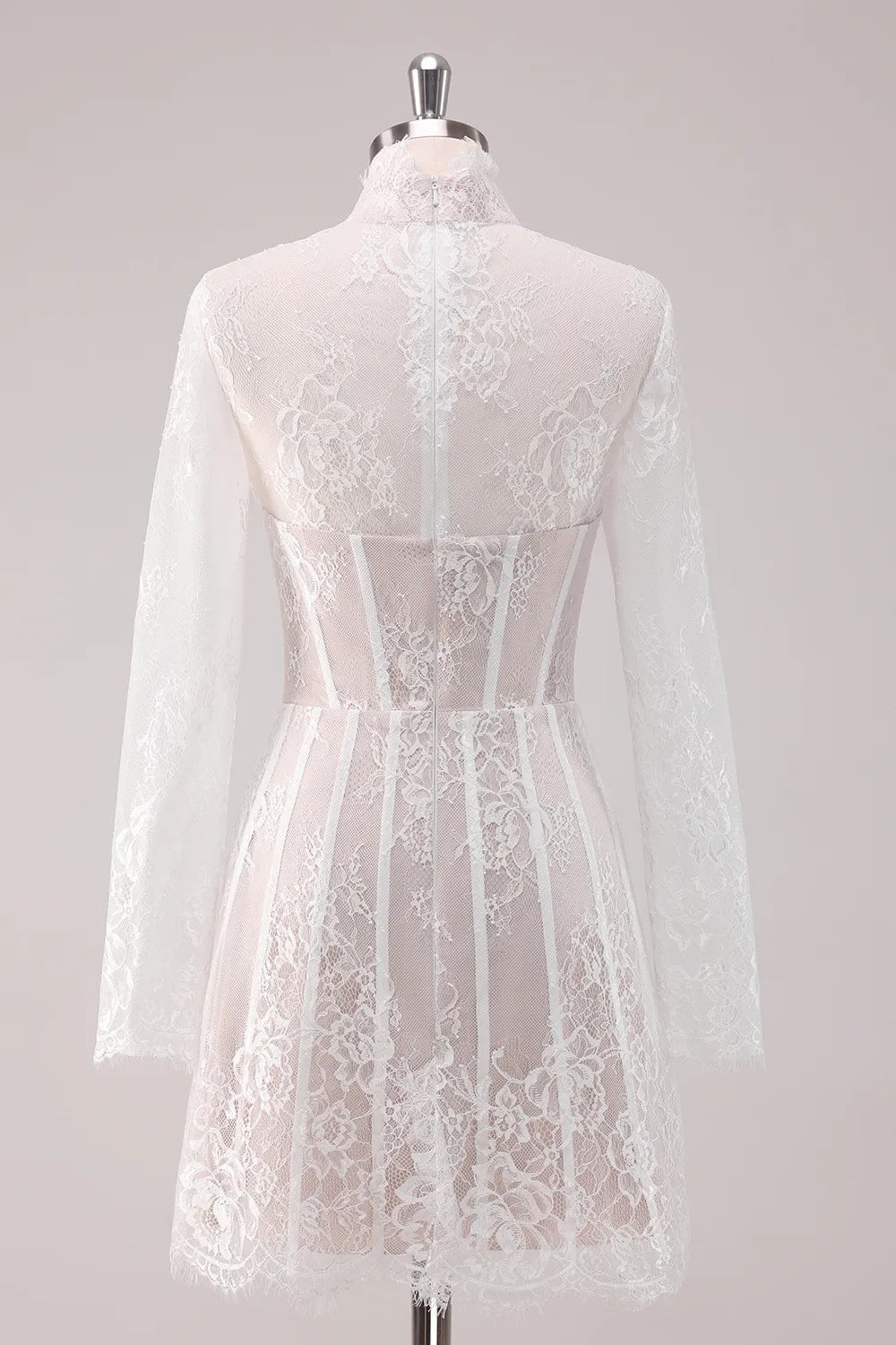 Elegant White Lace High Neck Corset Mini Homecoming Dress with Long Sleeves