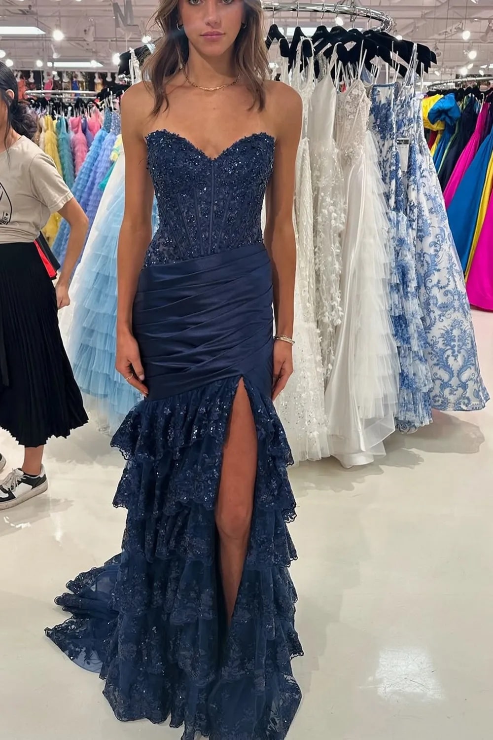 Red Sweetheart Mermaid Tulle Ruffled Long Corset Prom Dress with Sequin Appliques