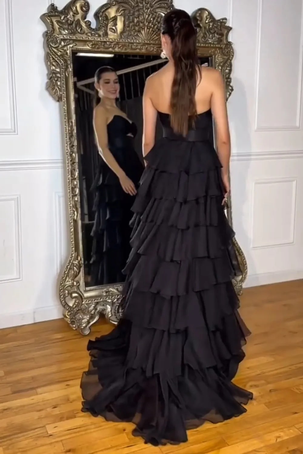 A-Line Black Sweetheart Chiffon Tiered Long Prom Dress with Slit