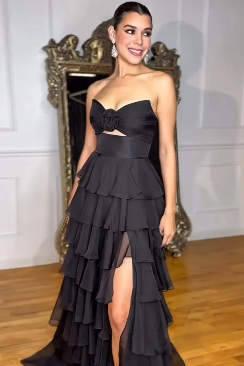 A-Line Black Sweetheart Chiffon Tiered Long Prom Dress with Slit