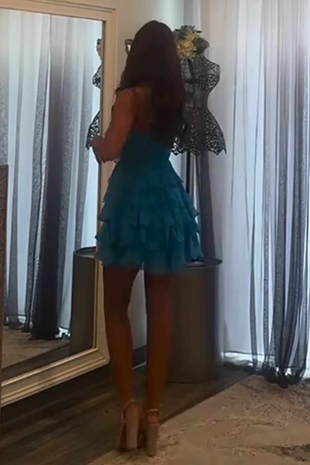 A Line Blue Chiffon Tiered Short Homecoming Dress with Ruffles