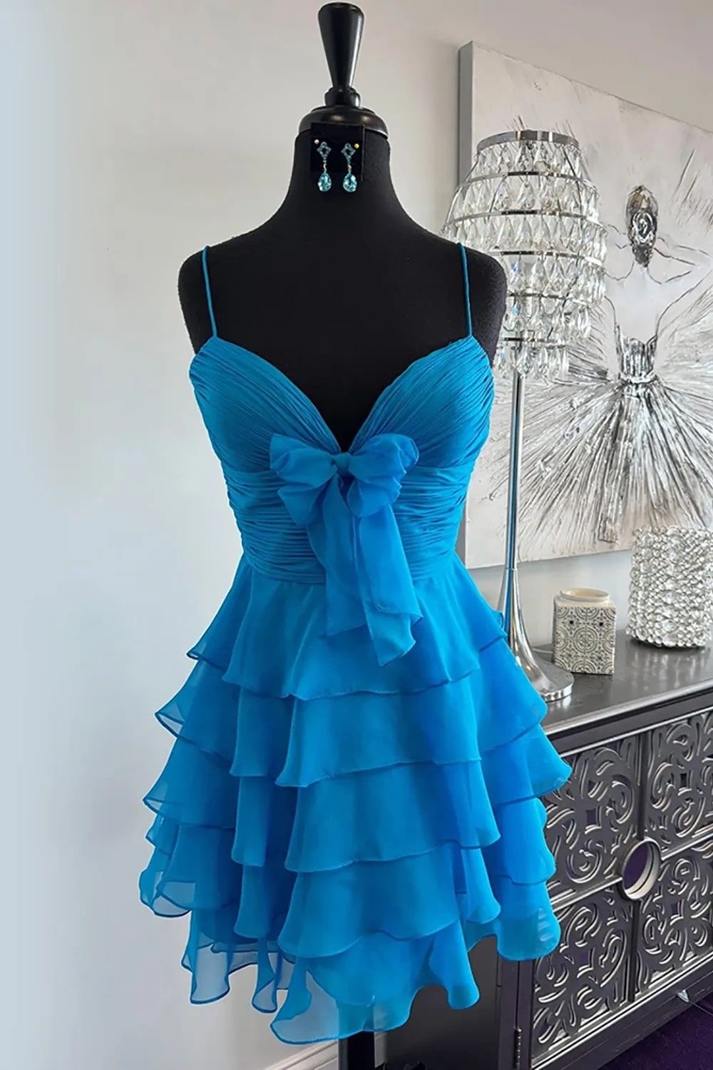 A Line Blue Chiffon Tiered Short Homecoming Dress with Ruffles