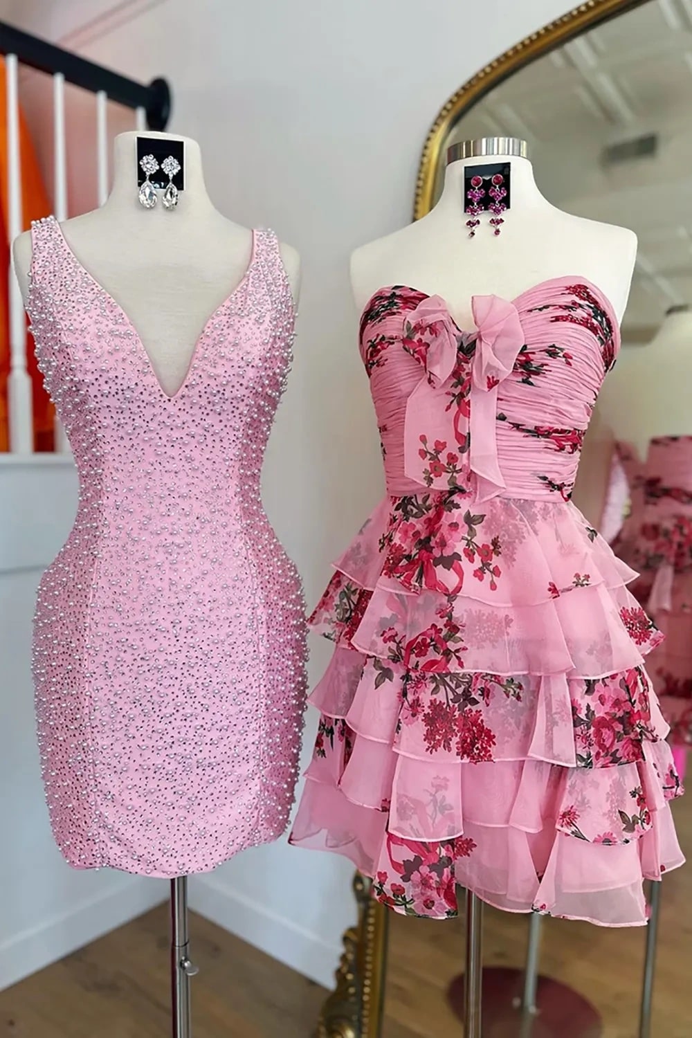 A Line White Blue Flower Tiered Strapless Short Homecoming Dress with Bow