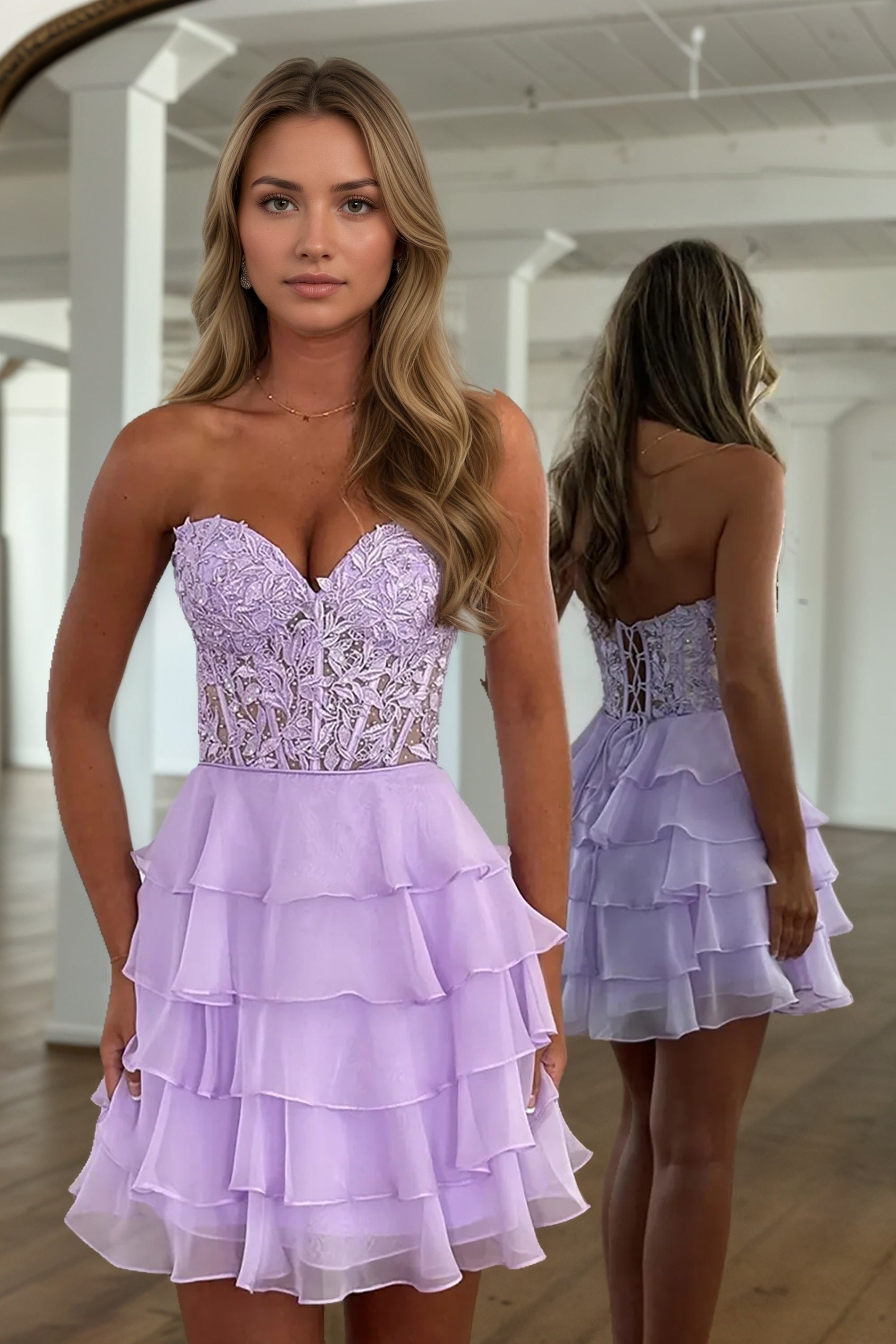 A Line Lilac Strapless Tiered Corset Short Homecoming Dress with Appliques