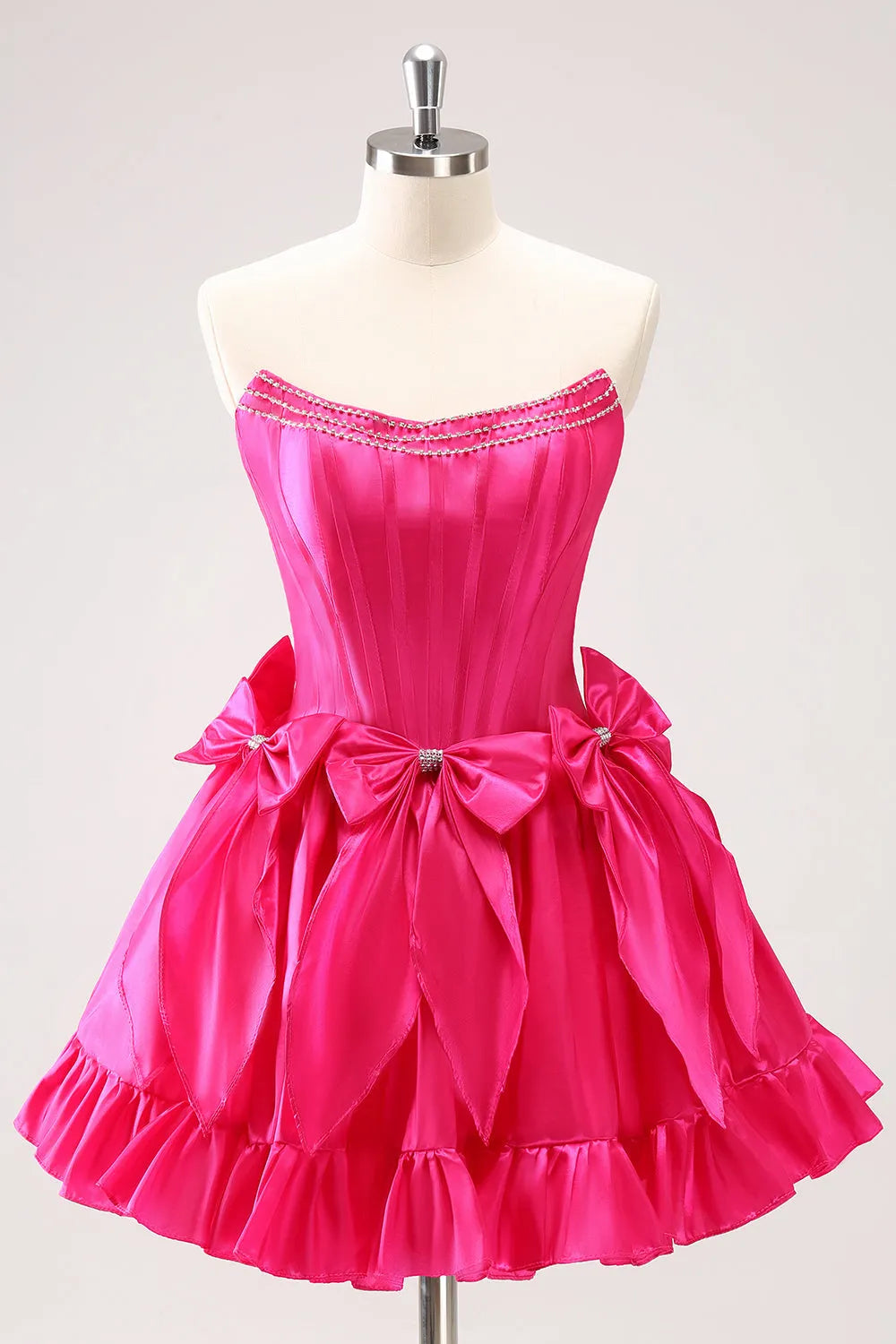 A Line Fuchsia Strapless Satin Short Homecoming Dress with Bow