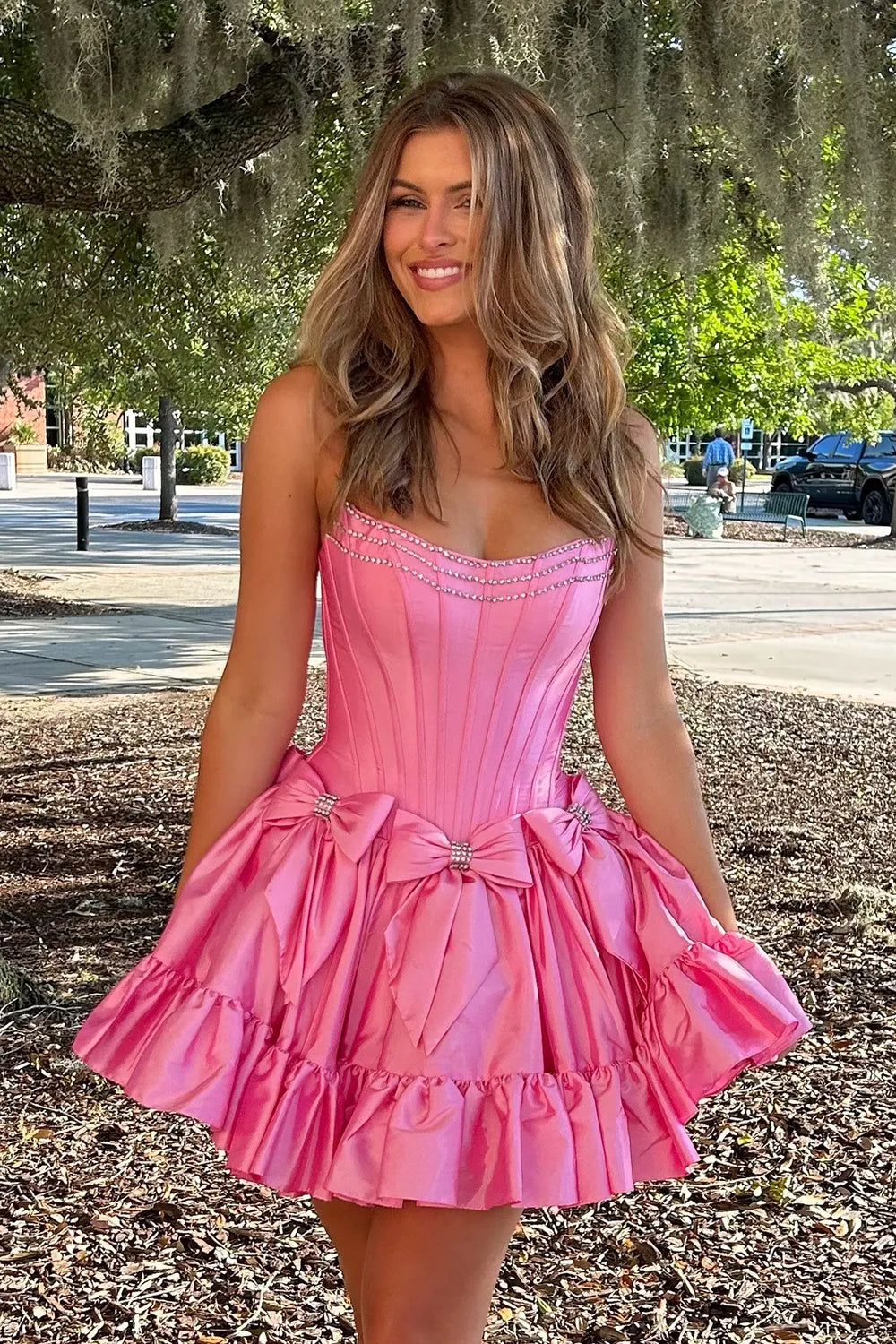 A Line Fuchsia Strapless Satin Short Homecoming Dress with Bow