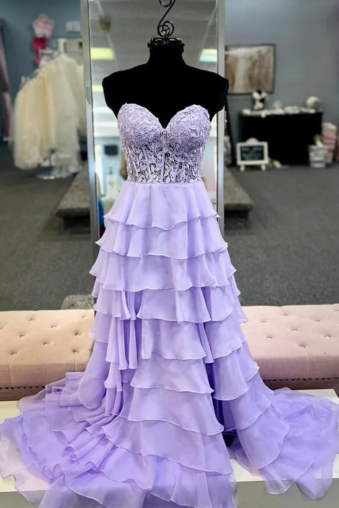 A-line/Princess Chiffon Fuchsia Sweetheart Tiered Ruffles Prom Dress with Slit Applique