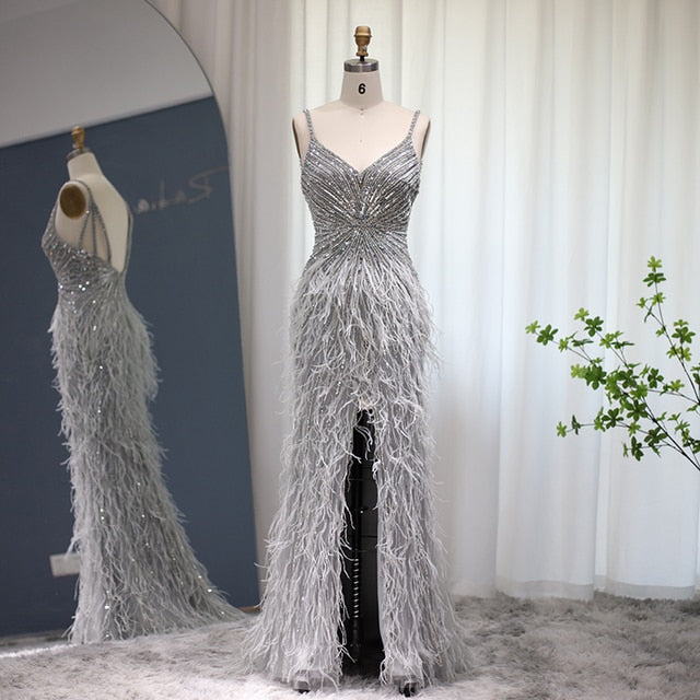 DreamyVow Luxury Beaded Mermaid Feathers Prom Dresses Sexy Spaghetti Straps Backless Rose Pink Evening Dress Arabic Formal Party Gown 004