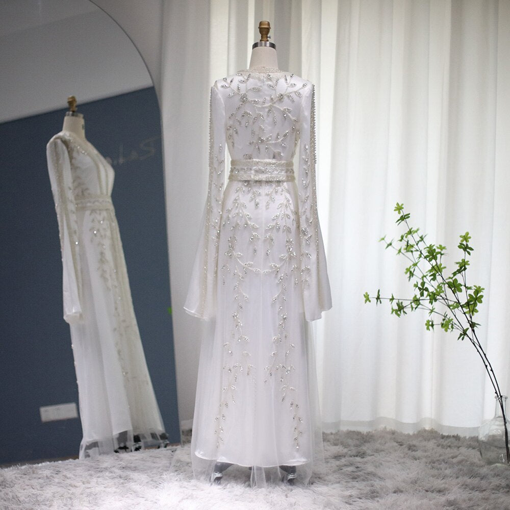 Dreamy Vow Luxury Dubai Moroccan Kaftan Ivory Evening Dresses for Women Wedding Party Elegant Long Sleeve Muslim Arabic Formal Dress 439