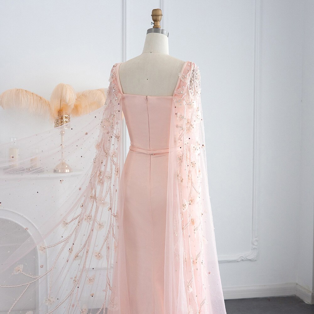 Dreamy Vow Luxury Pink 3D Flowers Mermaid Dubai Evening Dress with Cape Sleeve Crystal Arabic Elegant Women Formal Gowns for Wedding Party 493