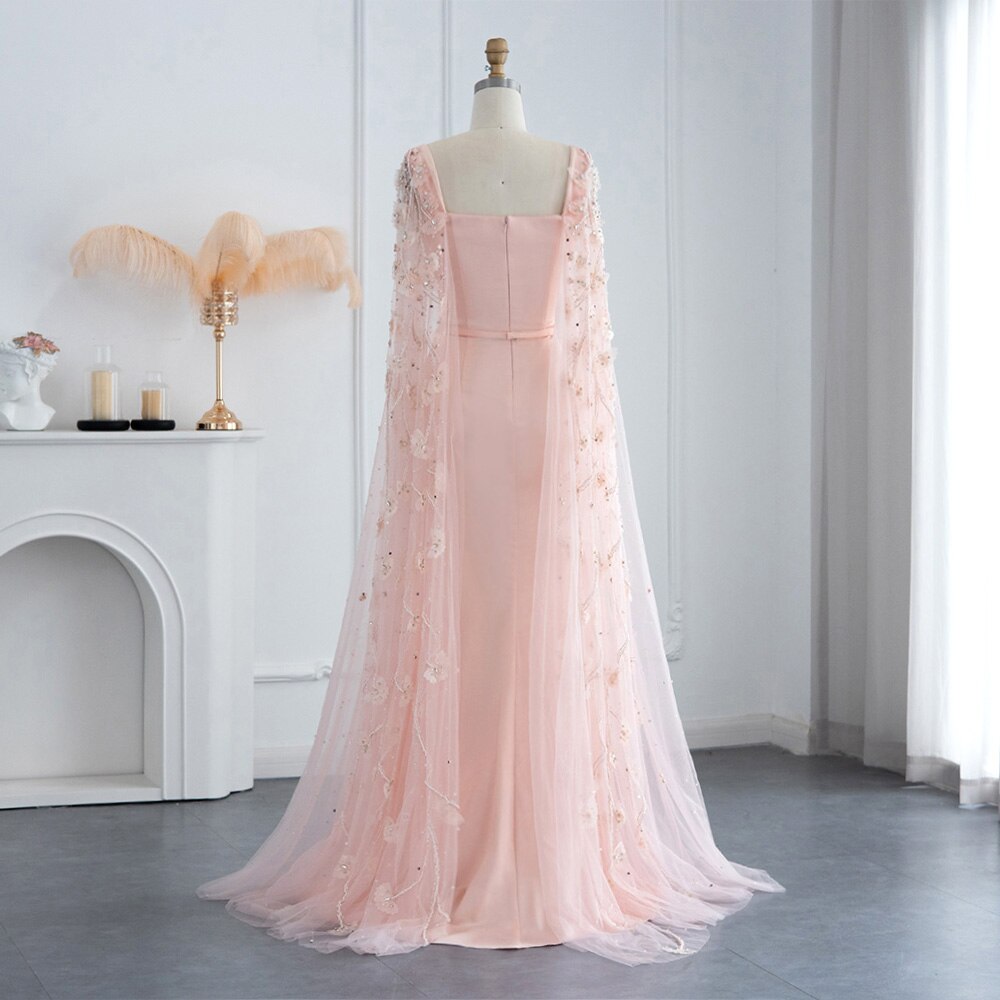 Dreamy Vow Luxury Pink 3D Flowers Mermaid Dubai Evening Dress with Cape Sleeve Crystal Arabic Elegant Women Formal Gowns for Wedding Party 493