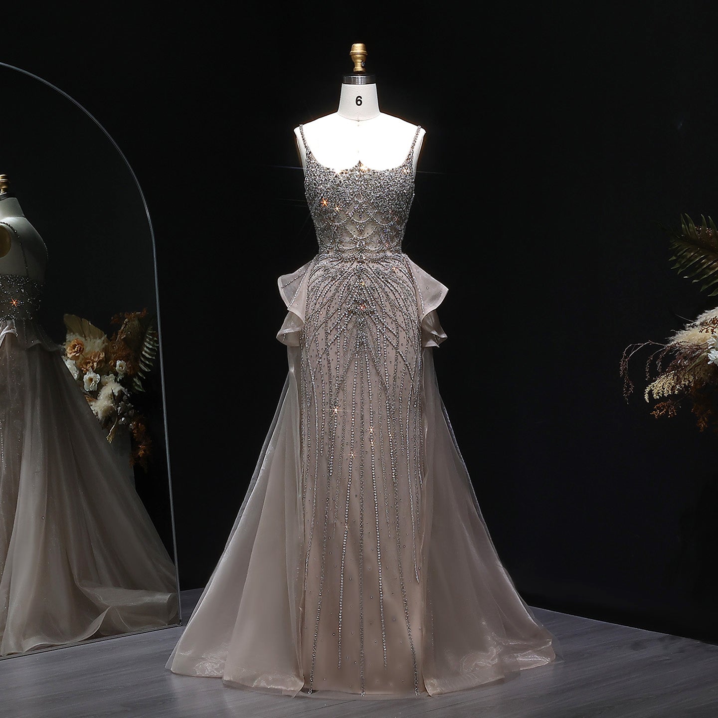 Luxury Champagne Mermaid Evening Dress with Overskirt SS026  Champagne / US 16