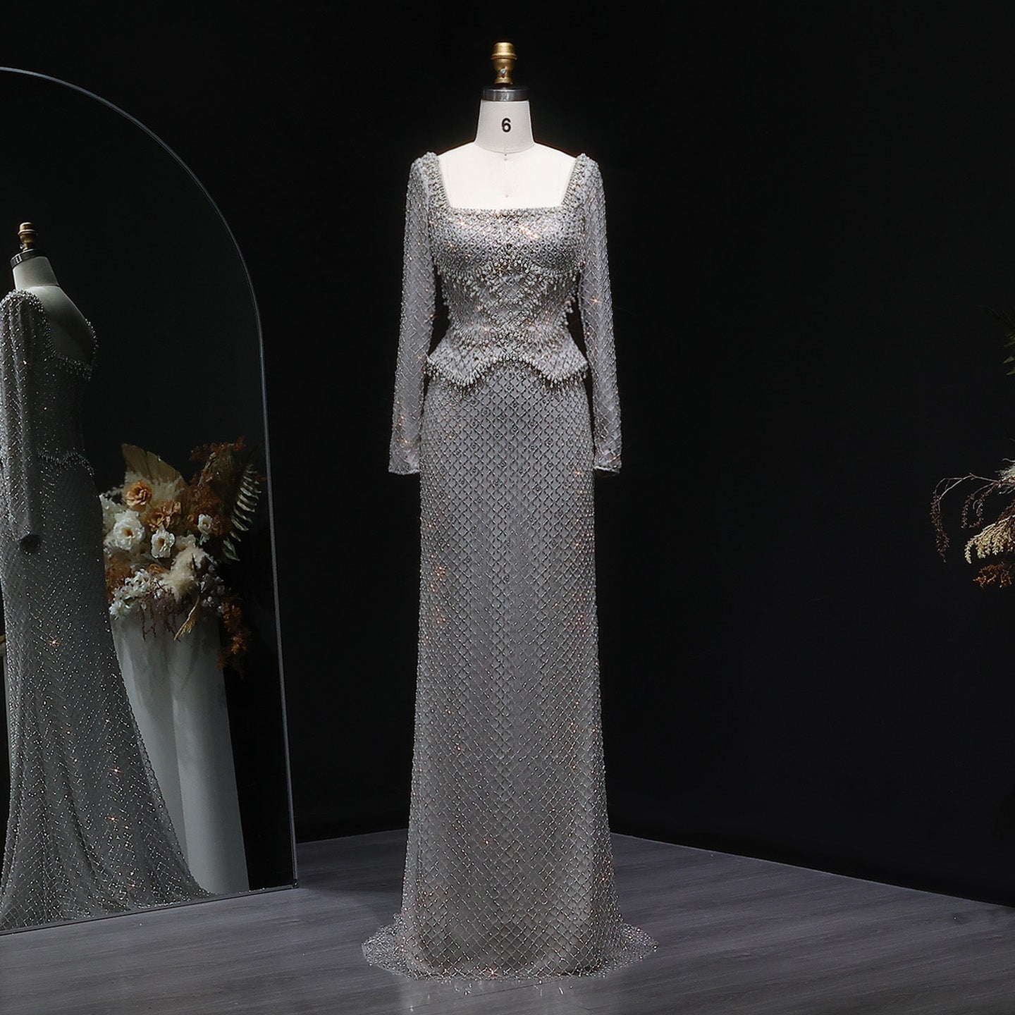 Luxury Dubai Gray Crystal Evening Dress with Long Sleeves SS633  Gray / US 18