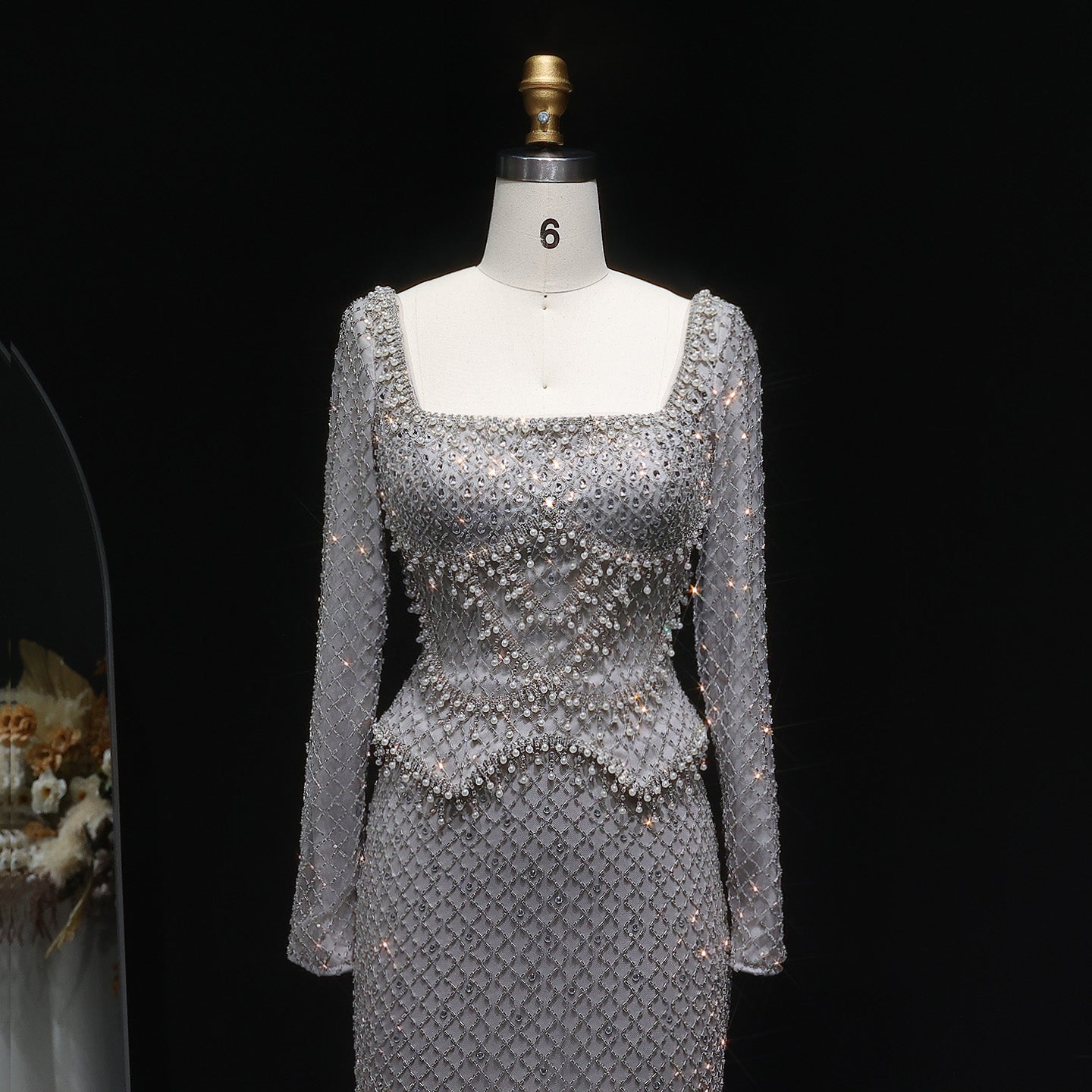 Luxury Dubai Gray Crystal Evening Dress with Long Sleeves SS633