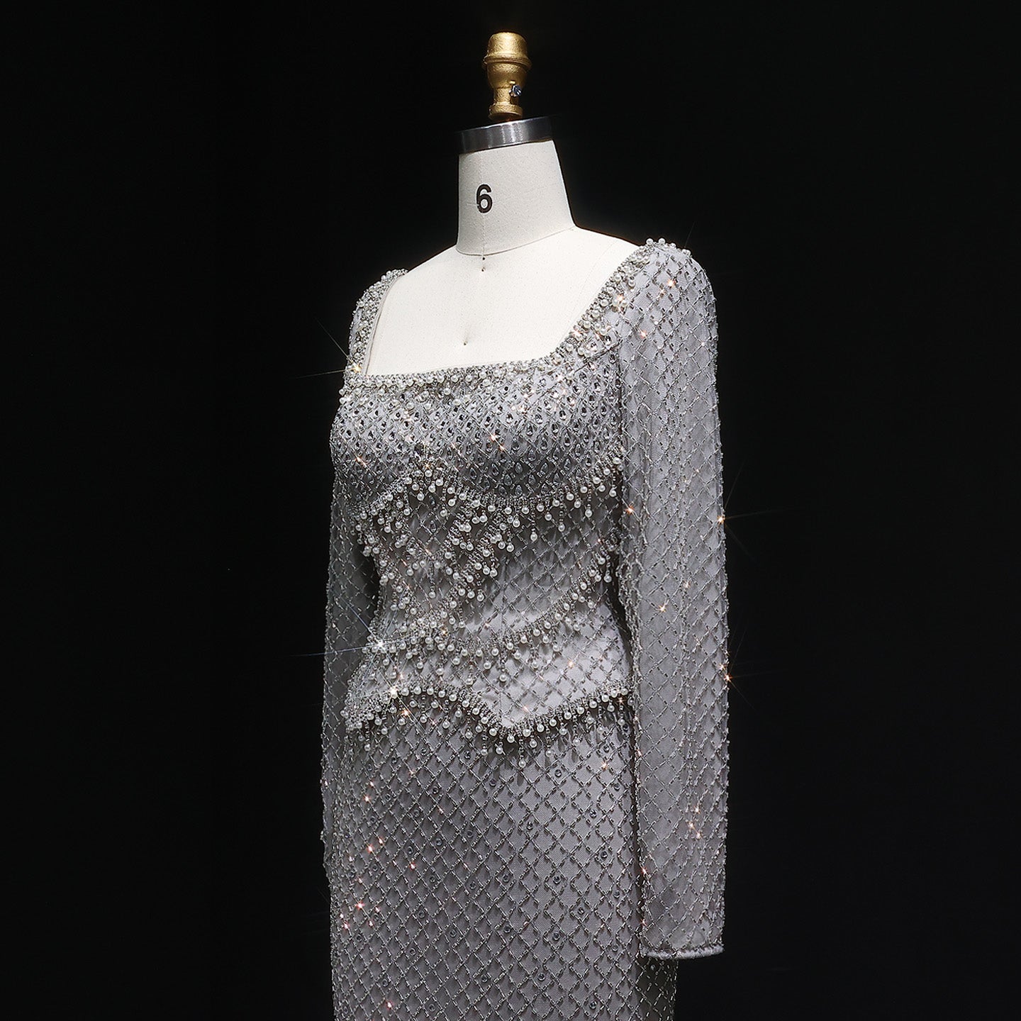 Luxury Dubai Gray Crystal Evening Dress with Long Sleeves SS633