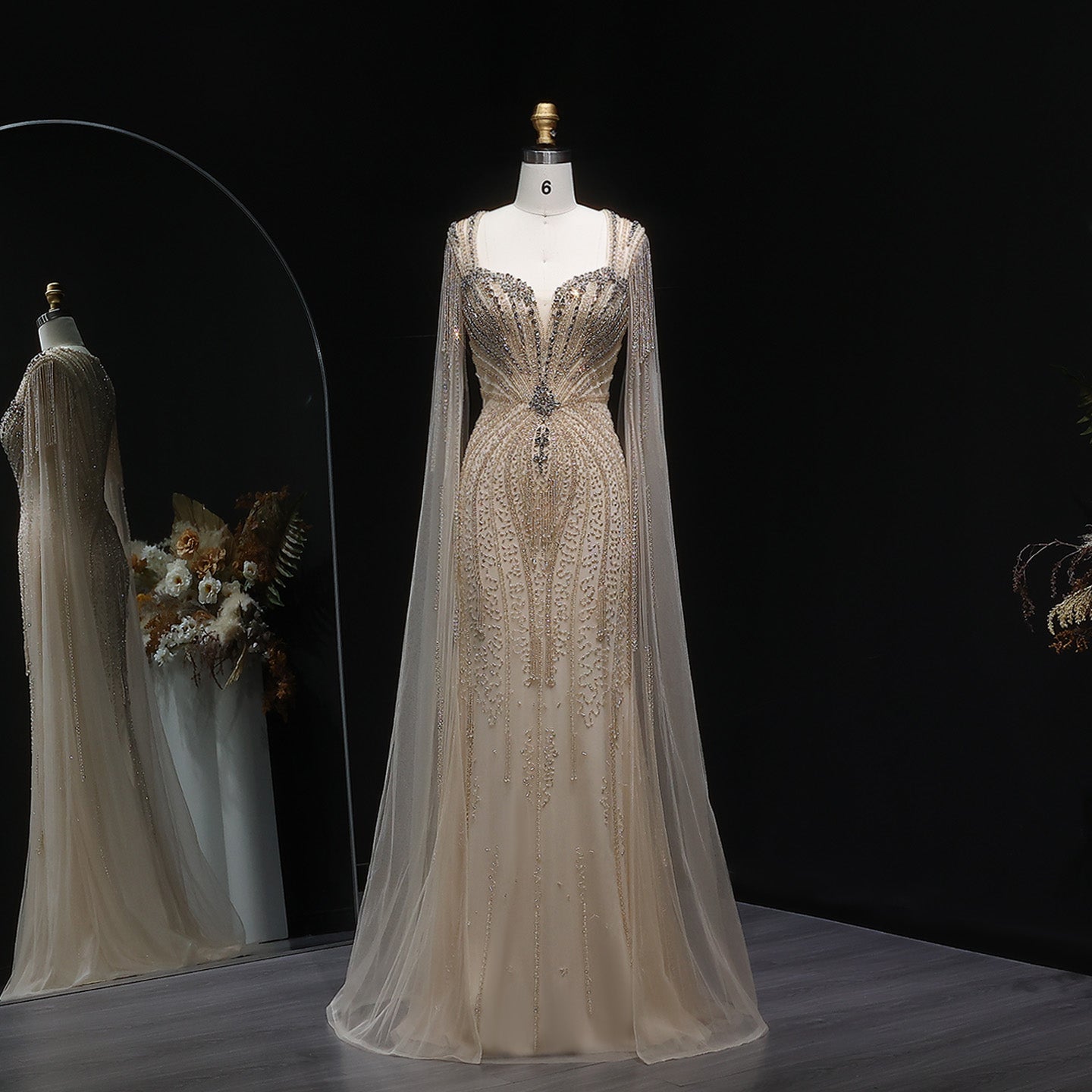 Luxury Mermaid Evening Dress with Cape Sleeves SS024  Champagne / US 18