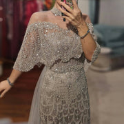 Luxury Gray Beaded Crystal Evening Dress with Cape SS557