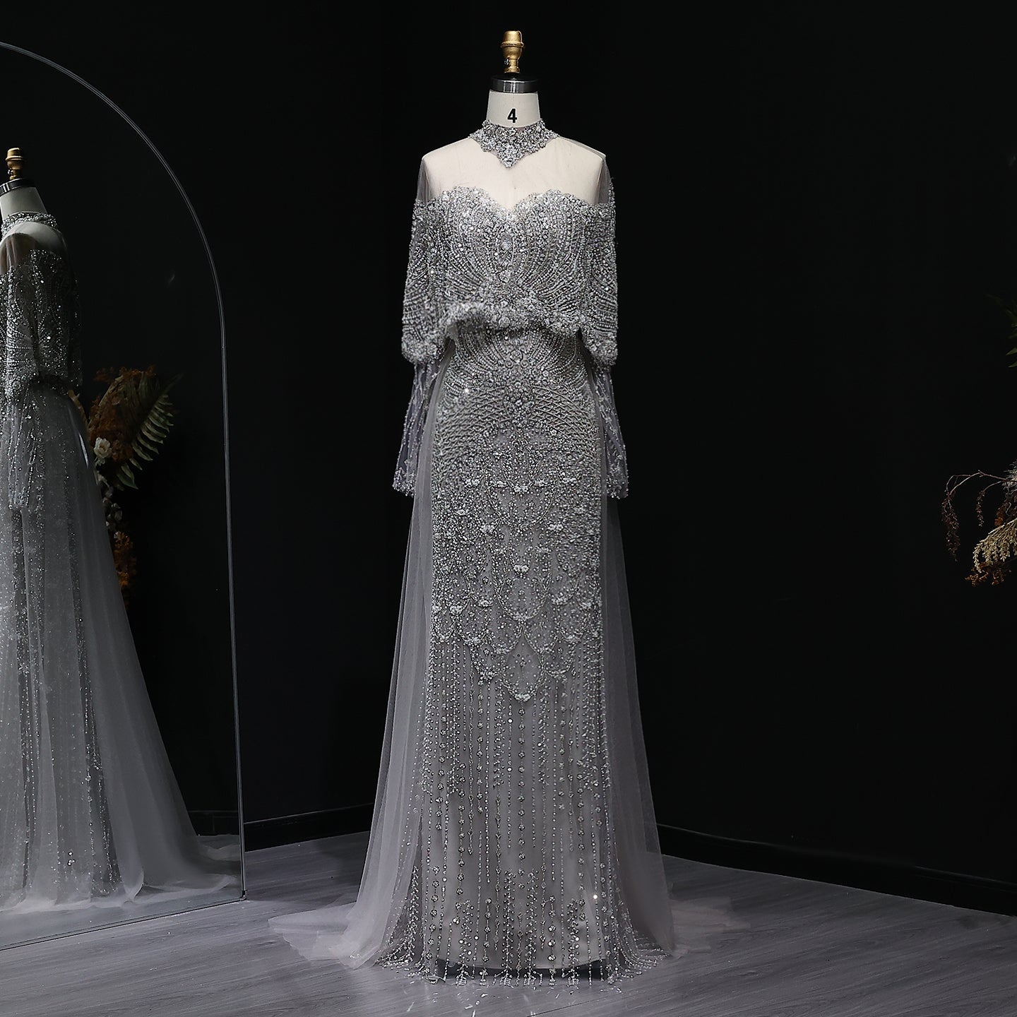 Luxury Gray Beaded Crystal Evening Dress with Cape SS557  Gray / US 18