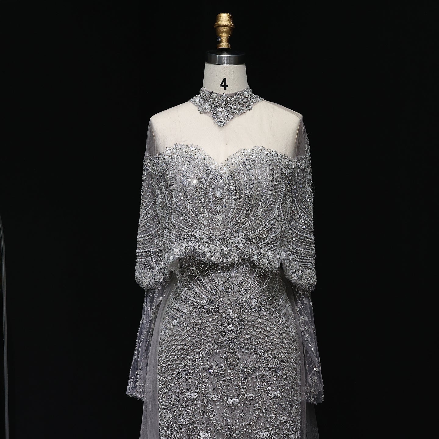 Luxury Gray Beaded Crystal Evening Dress with Cape SS557