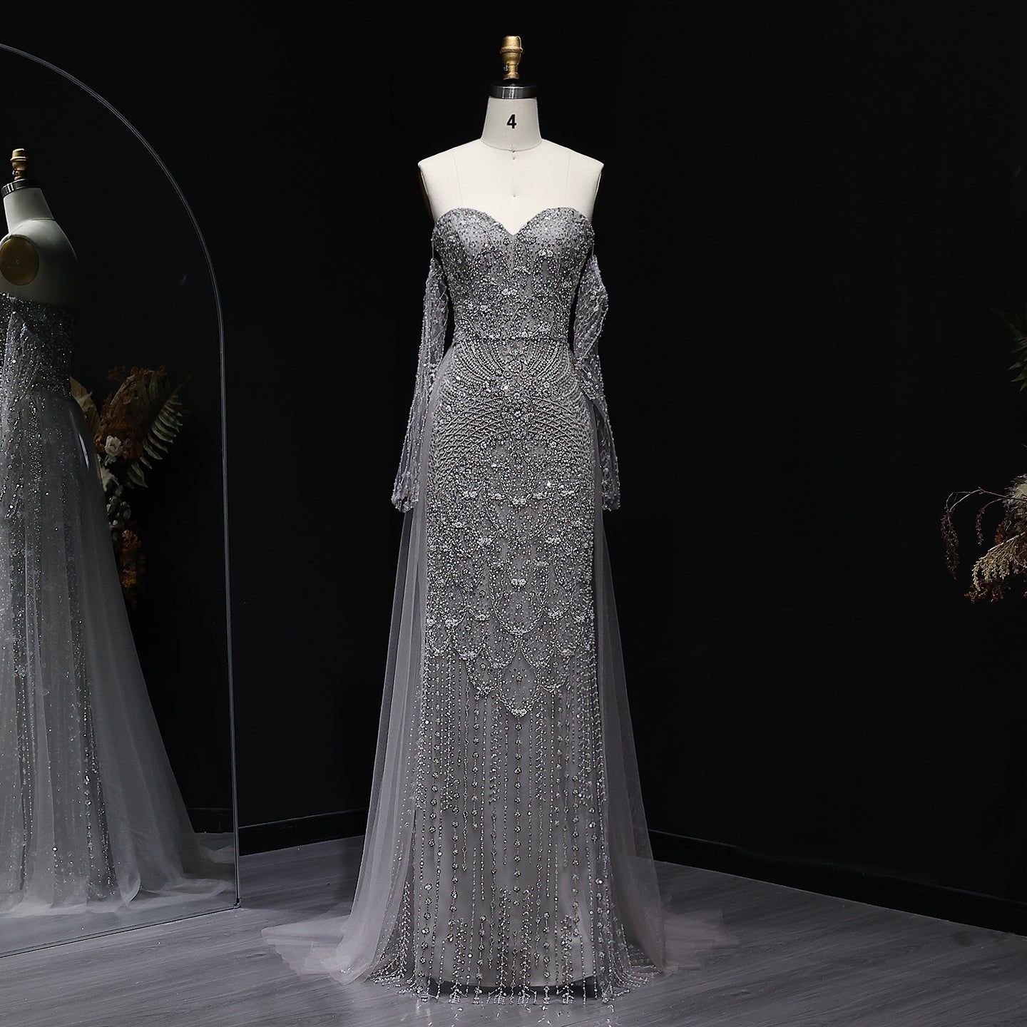 Luxury Gray Beaded Crystal Evening Dress with Cape SS557