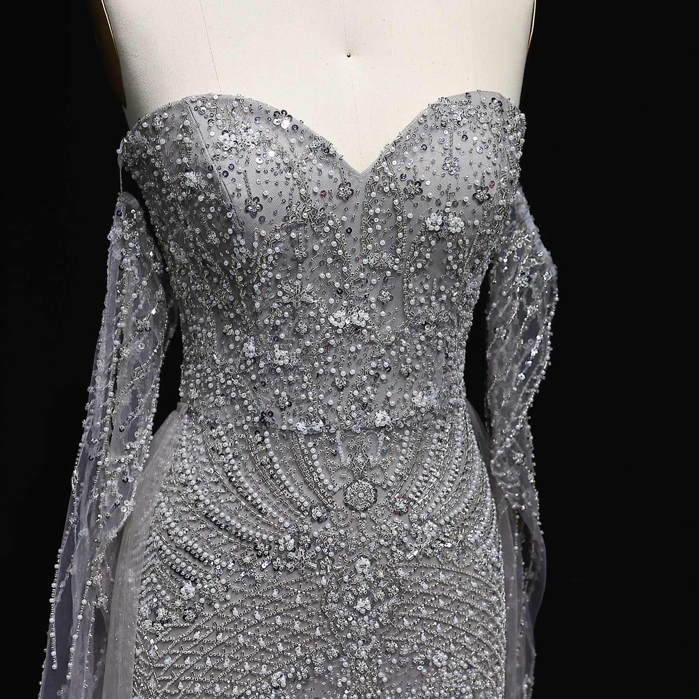 Luxury Gray Beaded Crystal Evening Dress with Cape SS557