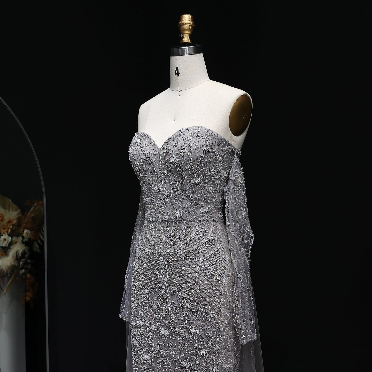Luxury Gray Beaded Crystal Evening Dress with Cape SS557
