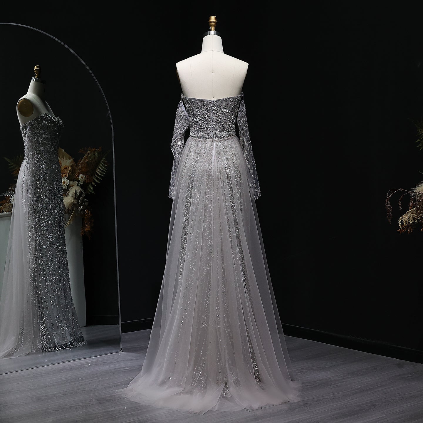 Luxury Gray Beaded Crystal Evening Dress with Cape SS557