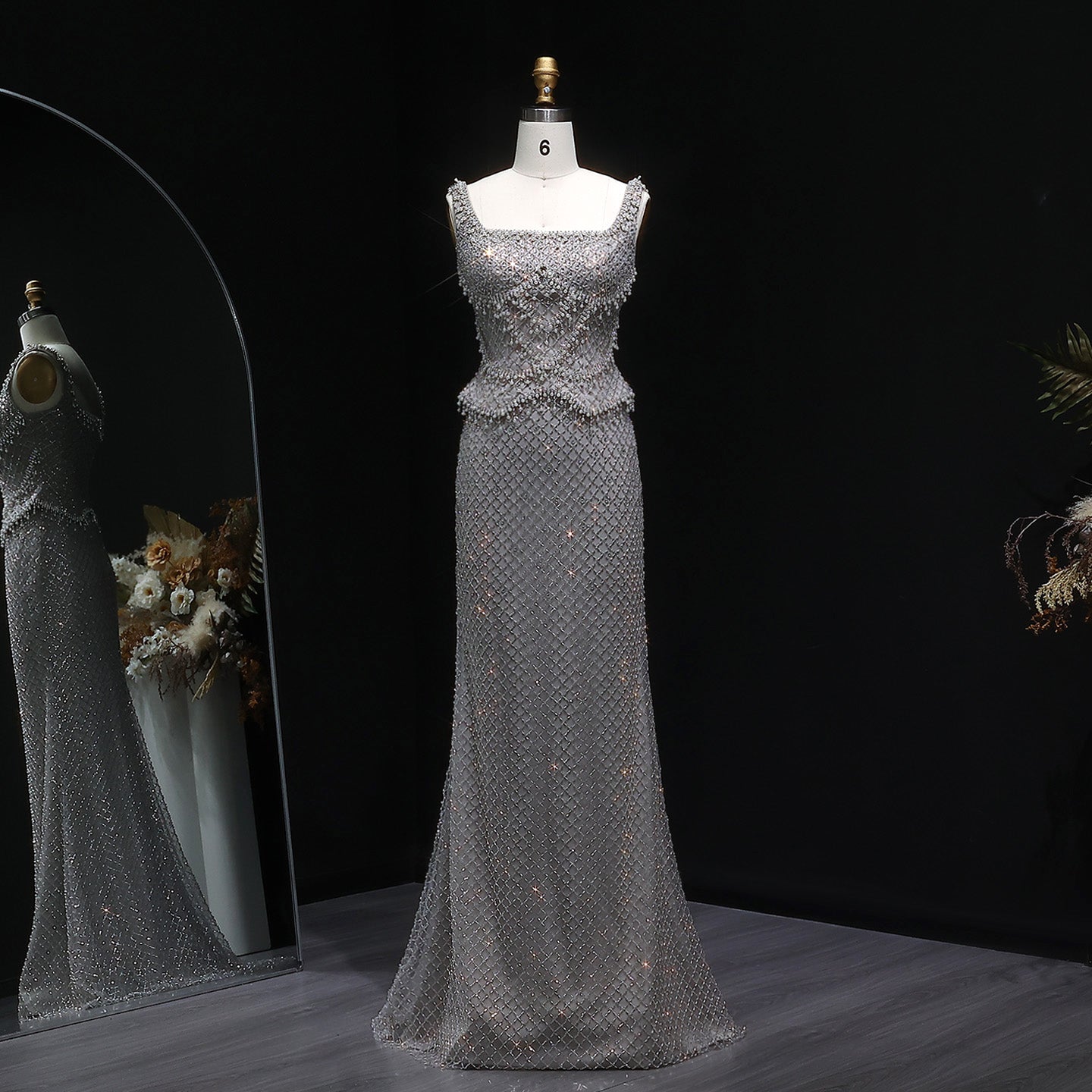 Luxury Gray Beaded Crystal Long Straight Evening Dress SS631  Gray / US 18