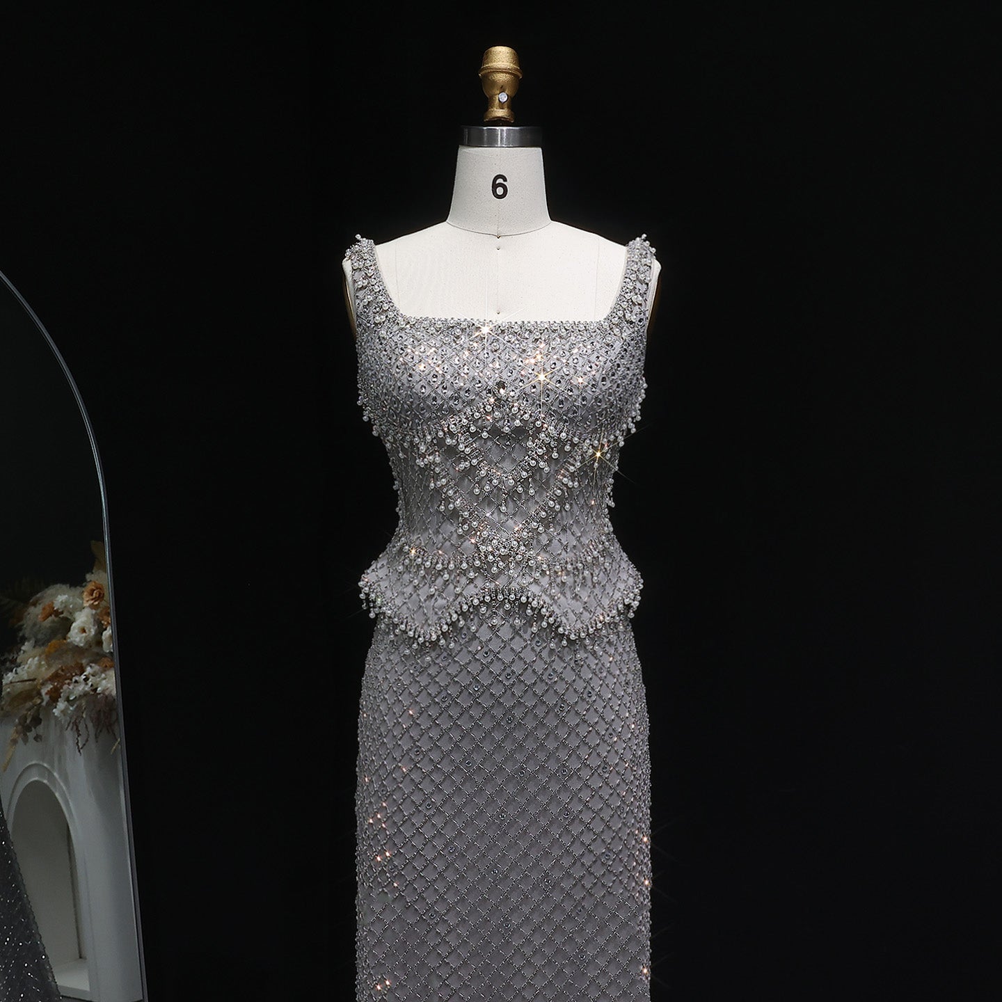 Luxury Gray Beaded Crystal Long Straight Evening Dress SS631