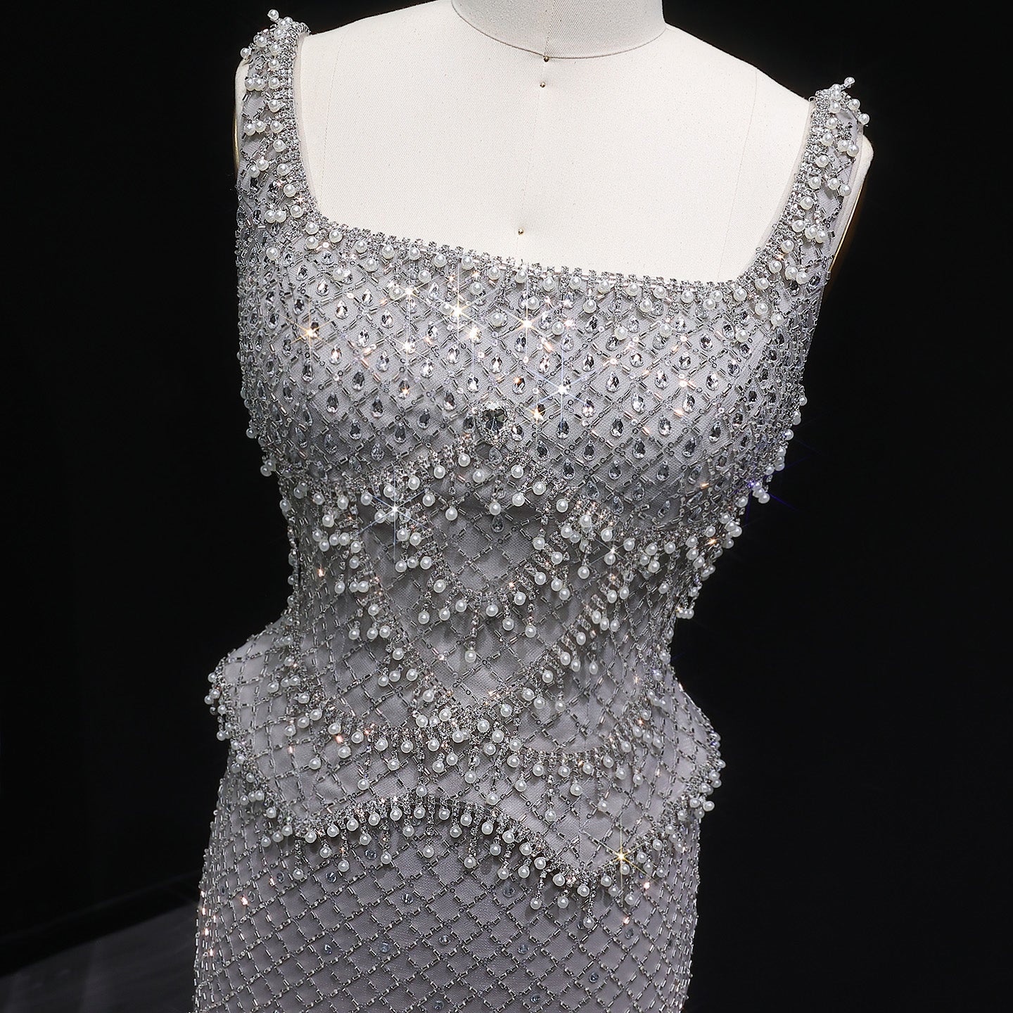 Luxury Gray Beaded Crystal Long Straight Evening Dress SS631