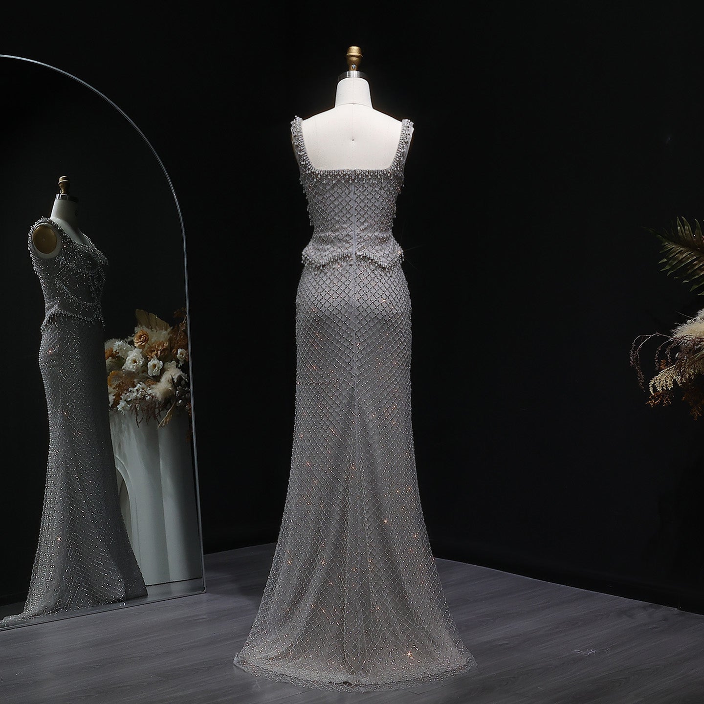 Luxury Gray Beaded Crystal Long Straight Evening Dress SS631