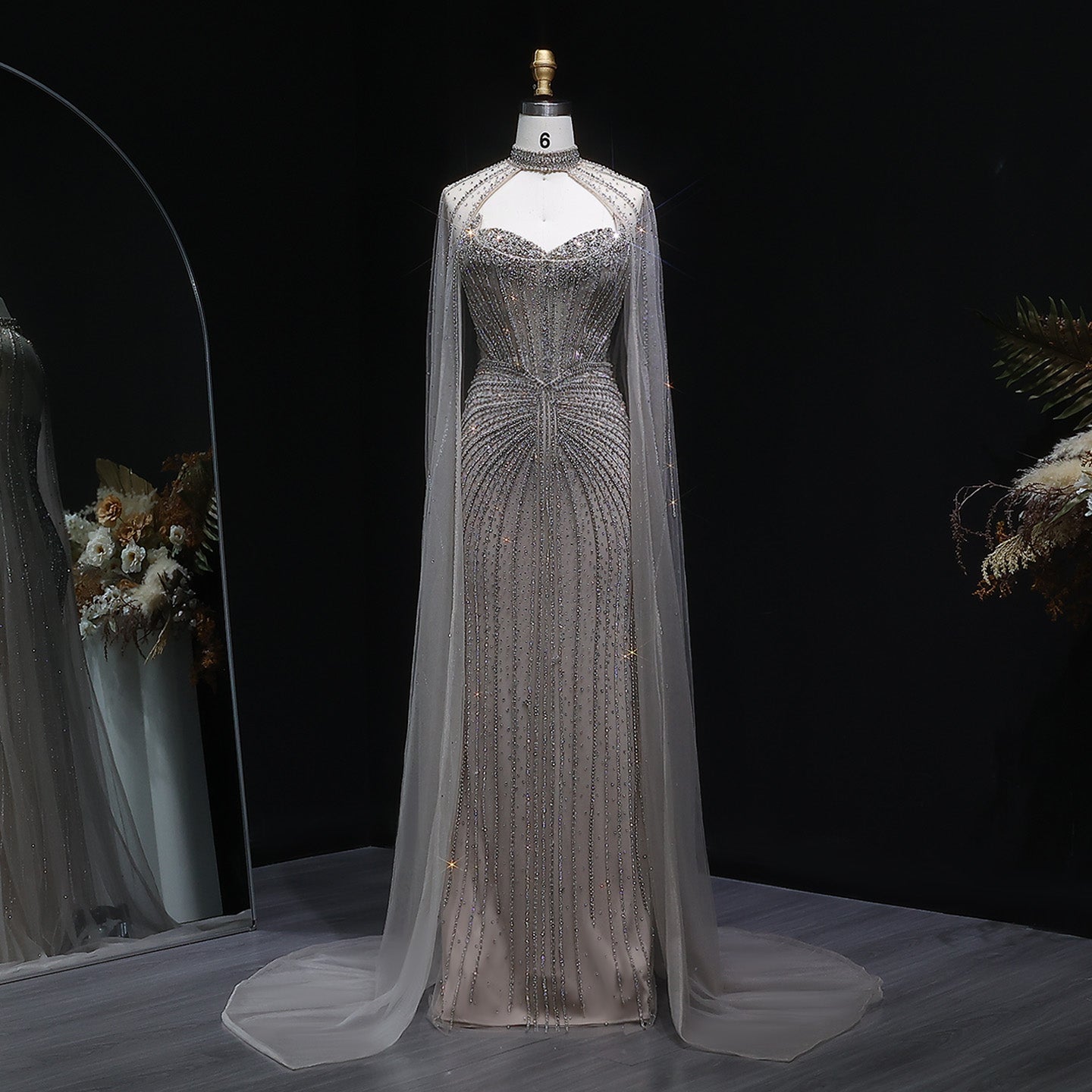 Luxury Mermaid Beaded Evening Dress with Cape SS156  Champagne / US 16