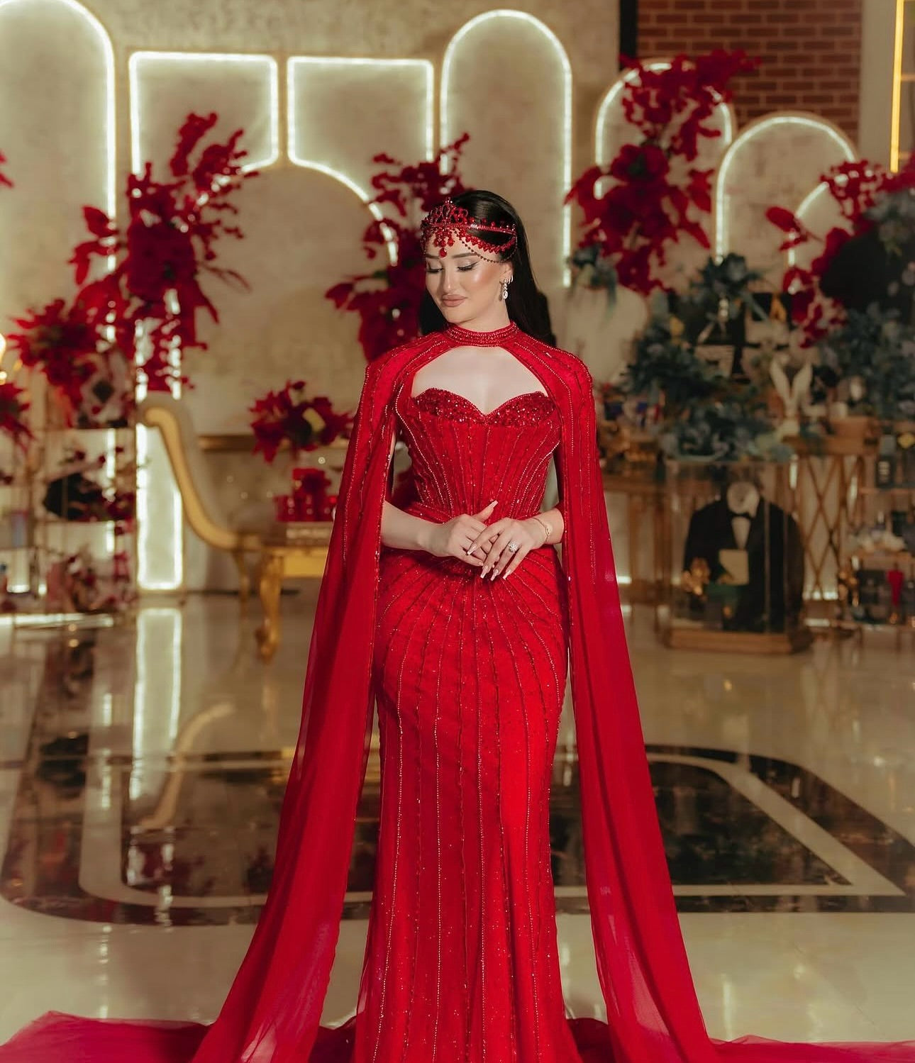 Luxury Mermaid Beaded Evening Dress with Cape SS156  Wine Red / US 16