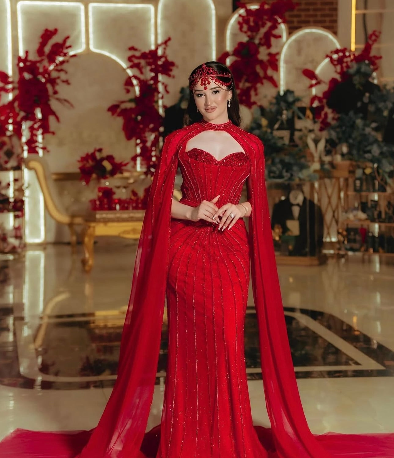 Luxury Mermaid Beaded Evening Dress with Cape SS156