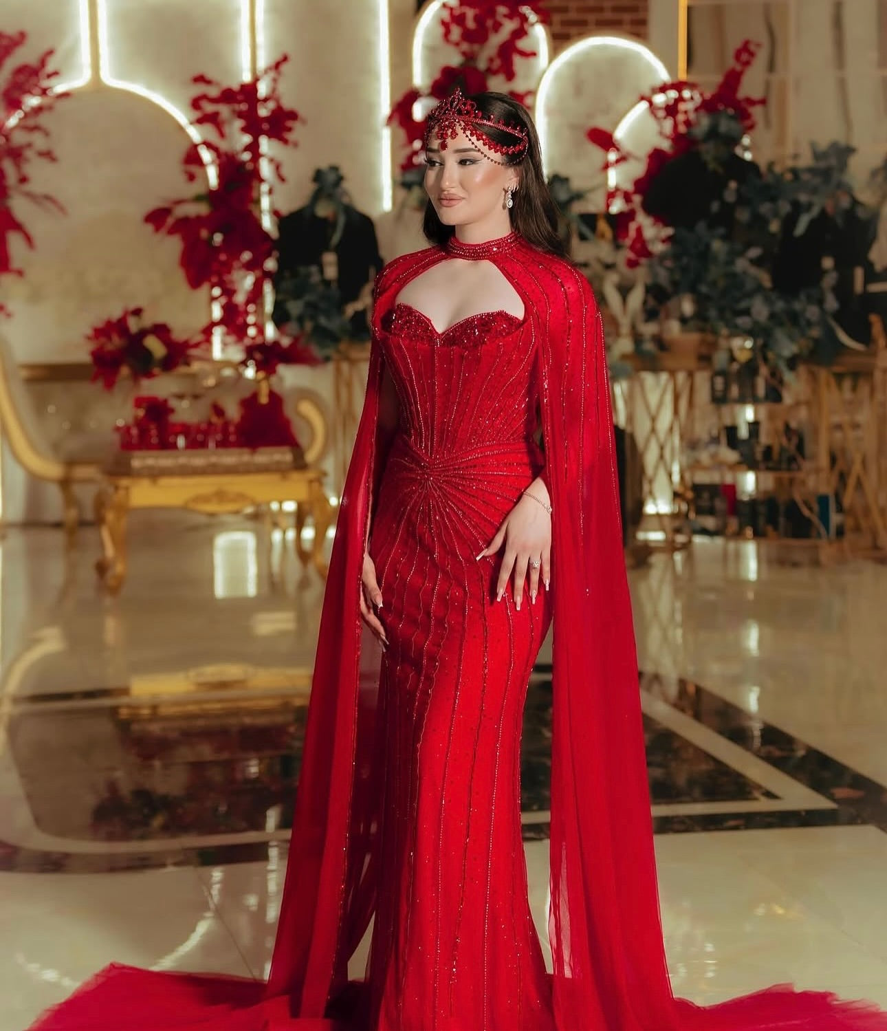 Luxury Mermaid Beaded Evening Dress with Cape SS156