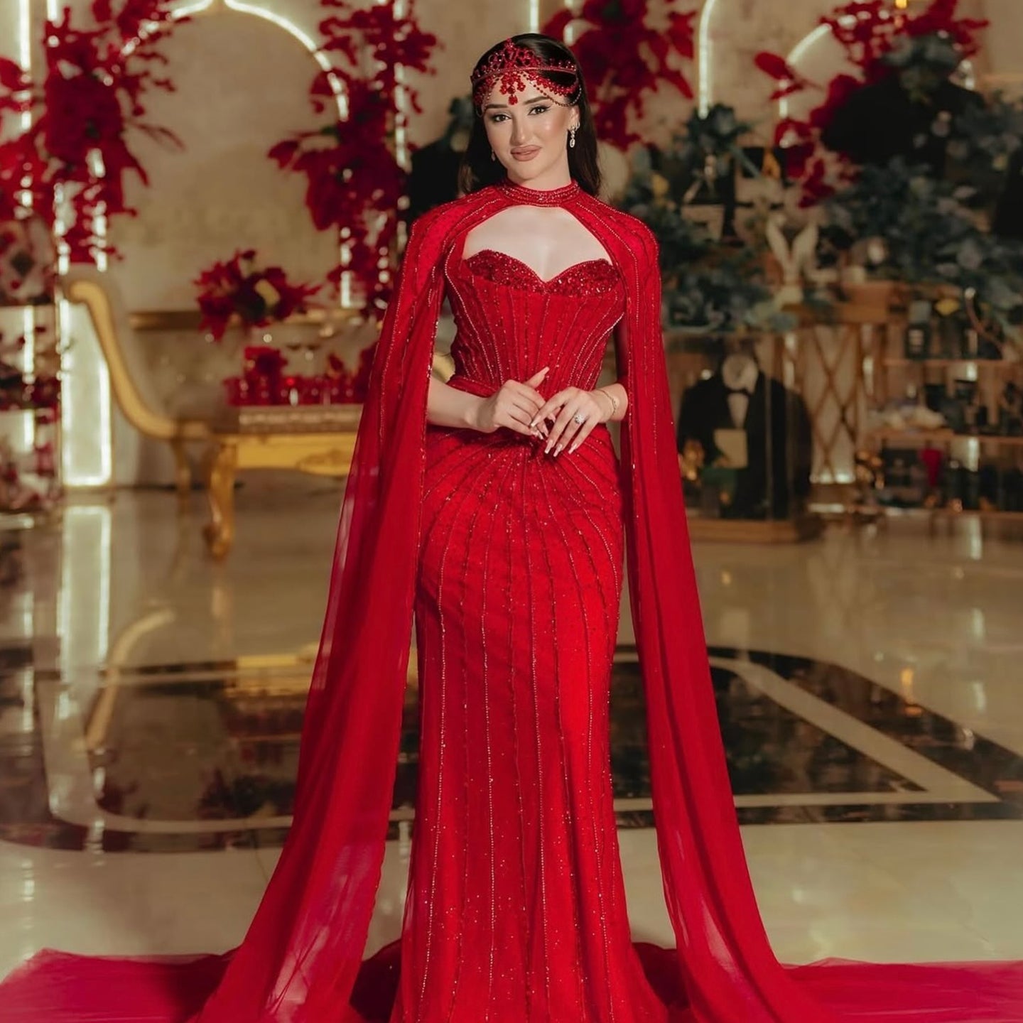 Luxury Mermaid Beaded Evening Dress with Cape SS156