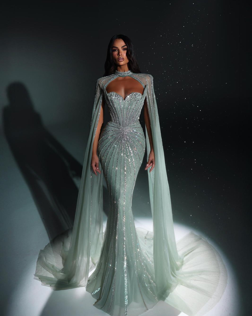Luxury Mermaid Beaded Evening Dress with Cape SS156