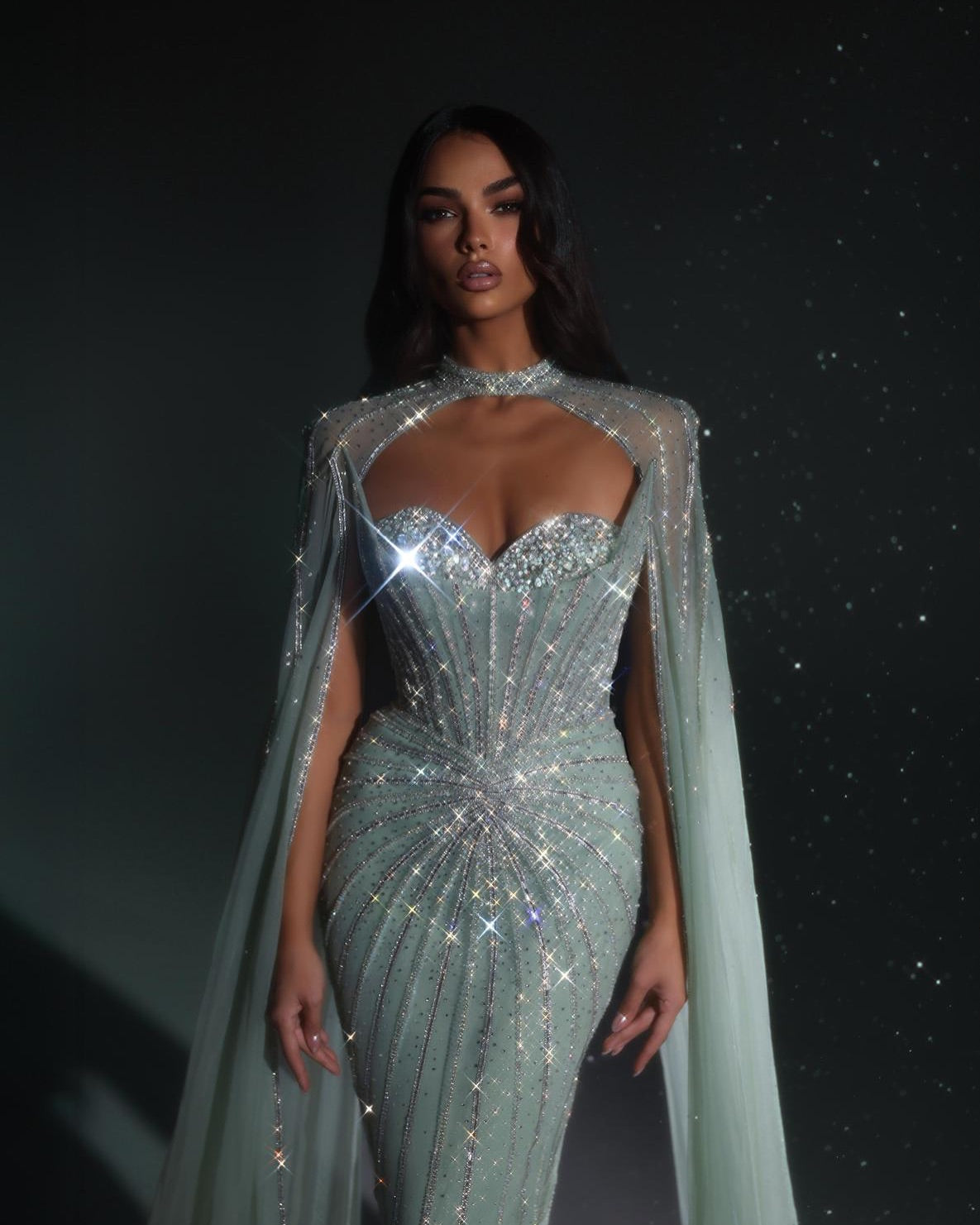 Luxury Mermaid Beaded Evening Dress with Cape SS156