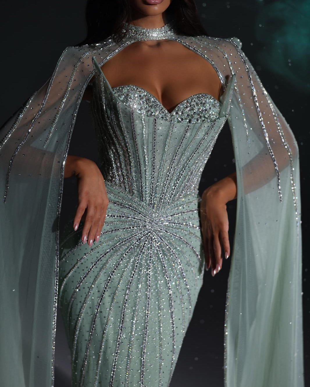 Luxury Mermaid Beaded Evening Dress with Cape SS156