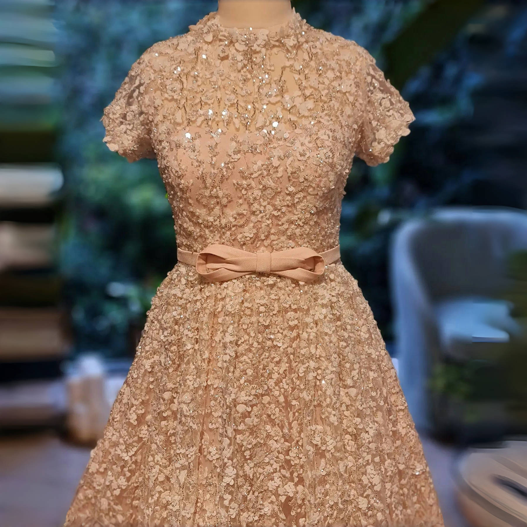 Luxury Peach Beaded Evening Dress with 3D flowers SS304