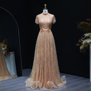 Luxury Peach Beaded Evening Dress with 3D flowers SS304  Peach / US 20