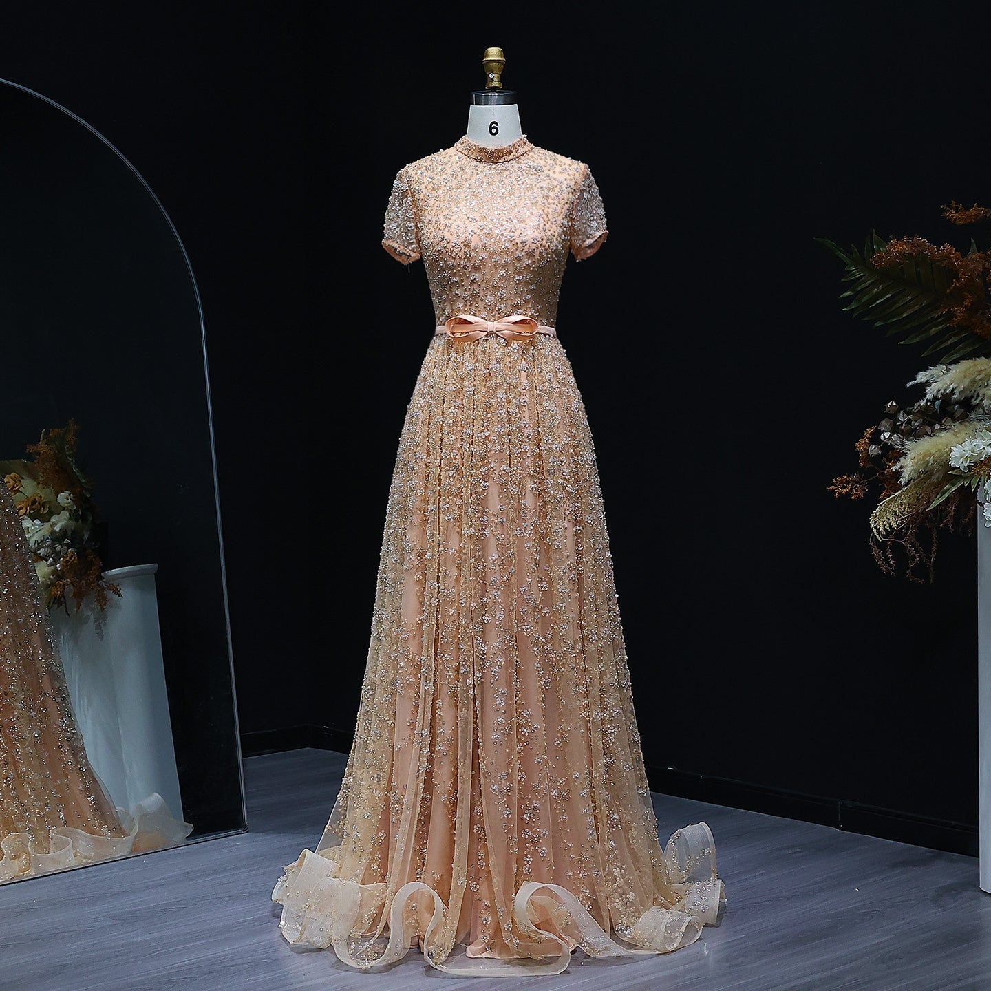 Luxury Peach Beaded Evening Dress with 3D flowers SS304  Peach / US 20
