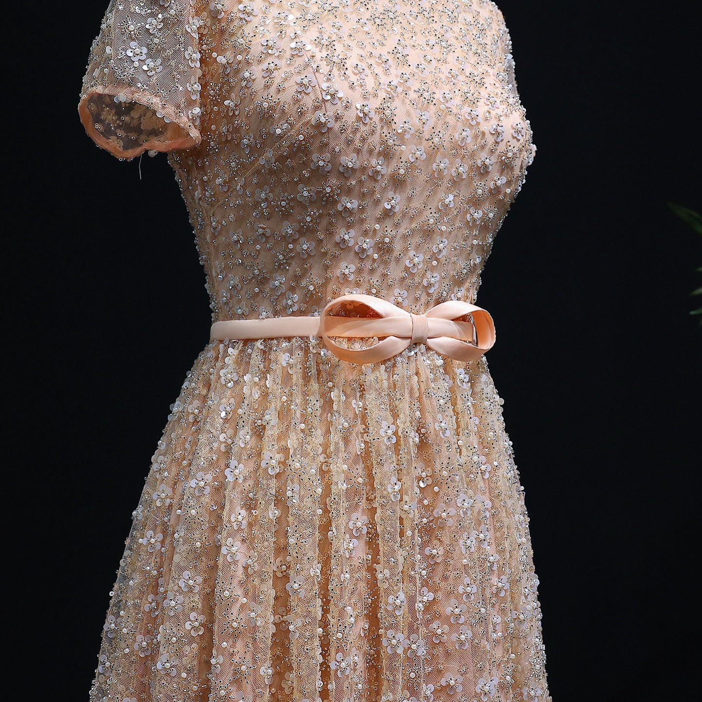 Luxury Peach Beaded Evening Dress with 3D flowers SS304