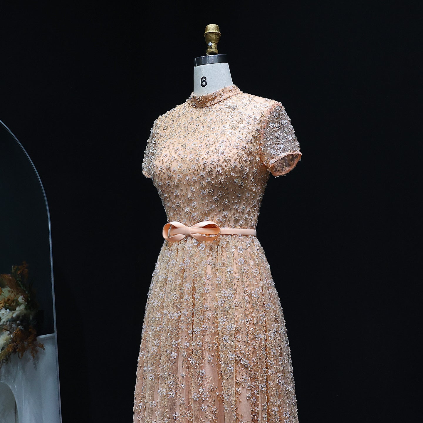 Luxury Peach Beaded Evening Dress with 3D flowers SS304