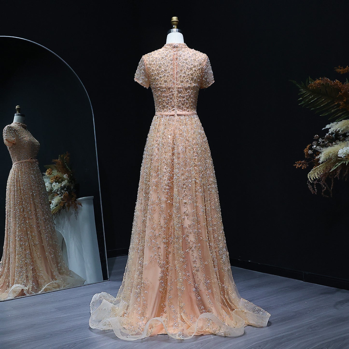 Luxury Peach Beaded Evening Dress with 3D flowers SS304