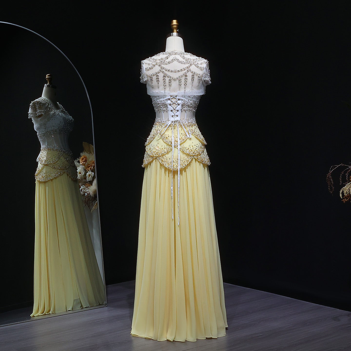 Luxury Pearls Tassel Blue and Yellow Evening Dress with Flowing coat SS286