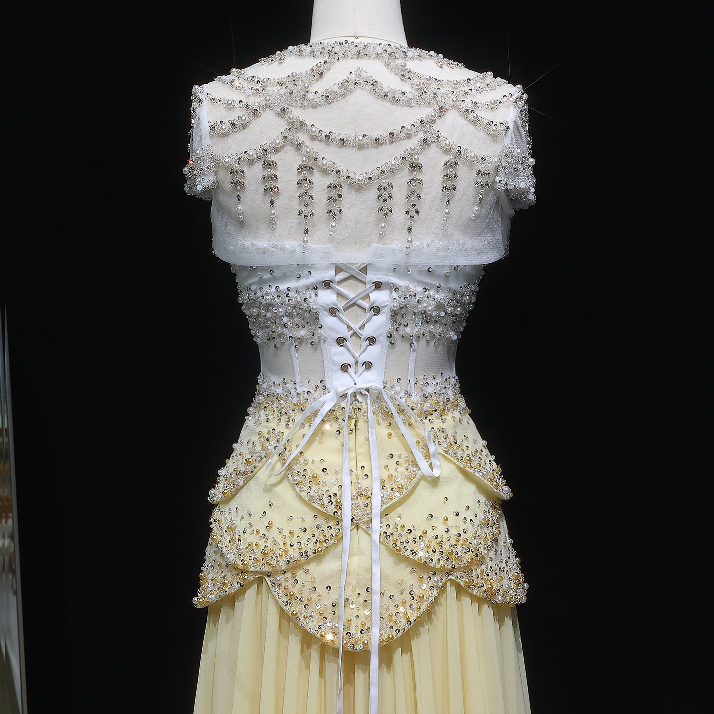 Luxury Pearls Tassel Blue and Yellow Evening Dress with Flowing coat SS286